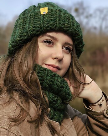 Wełniana czapka i komin- komplet zimowy peruvian WOOLY zielony, sploteka