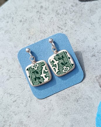 Kolczyki ceramiczne w zielone kwiaty, biżuteria z talerzy