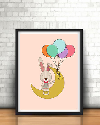 Plakat królik i balony łososiowe tło, MUKI design
