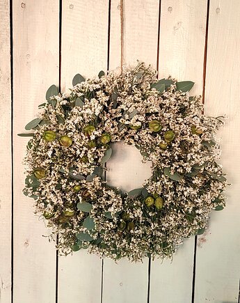 Duży wianek z eukaliptusem i limonium, naturalny dekor boho, Florem
