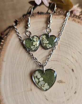 Komplet zawieszka i kolczyki srebrne kwiaty serduszka serca dzika marchew, zkwiatem