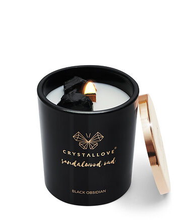 CRYSTALLOVE Świeca sojowa z czarnym obsydianem - drzewo sandałowe oud 400g, CRYSTALLOVE