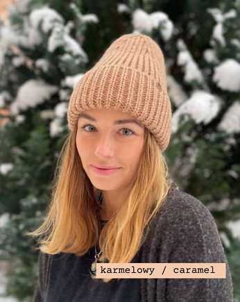SOWA - duża puchata wełniana eko czapka- karmel, KOPYTO