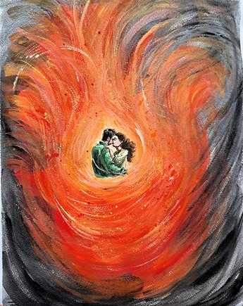Lovers kochankowie miłość ogień - Obraz akwarela papier, A3 (30x42 cm), kkjustpaint Karolina Kamińska