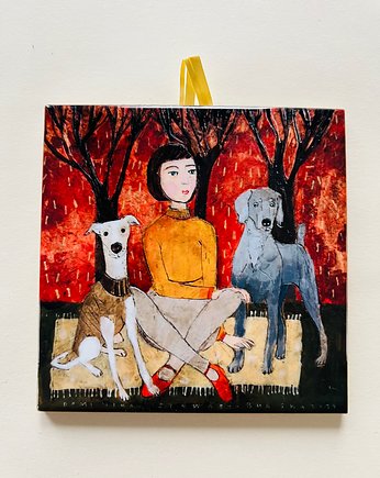 Kafle ceramiczne - kobieta i psy, KAFLA