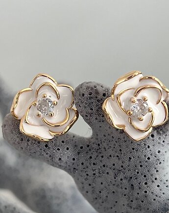 Kolczyki róża kwiat kwiatek z emalią i cyrkonią srebro 925 pozłacane, Ade Art