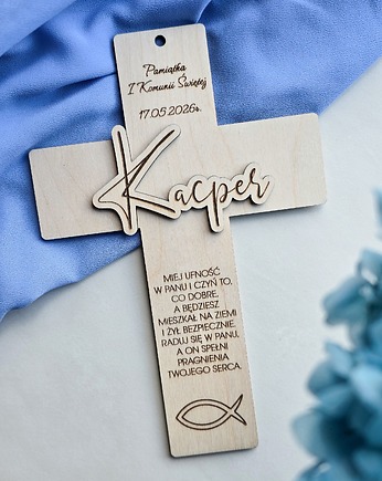 Personalizowana pamiątka Pierwszej Komunii Świętej - Krzyż, Psalm 37, BohoSuszki