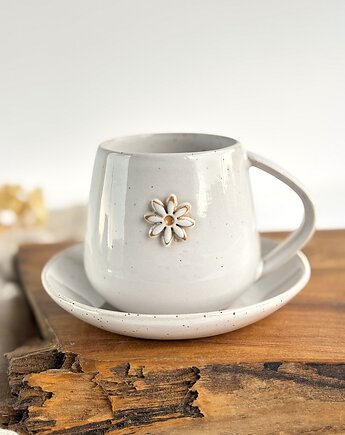 Kubek / Filiżanka ze spodkiem ręcznie robiona 320 ml - Biała stokrotka, Ceramika Tyka