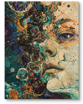 Obraz portret kobiecej twarzy do salonu abstrakcja surrealizm zielono-pomarań, MieszkoMieszko