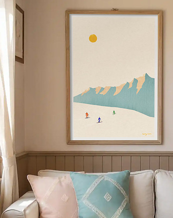 Narciarze na stoku - panorama z górskimi szczytami - plakat fine art, minimalmill