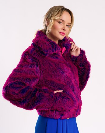 Fuksjowa puchata krótka kurtka z futerka, Torri Design