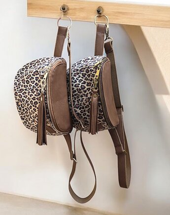 Duża nerka skórzana damska toffie i panterka  U'POLKA, skóra naturalna, UNIQUE HandMade