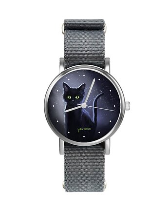 Zegarek  mały - Czarny kot noc - nylonowy, szary, yenoo