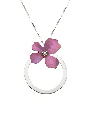 Naszyjnik srebrny z fioletowym  tytanowym kwiatem, Elise Biżuteria