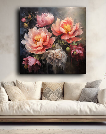 Kwiaty peonie - Obraz na płótnie - Druk, Blejtrama - Akwarela, Boho #3, Black Sapphire Art