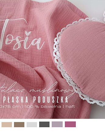Muślinowy kocyk otulacz + poduszka 100x75 cm haft prezent kolory, Little Angels