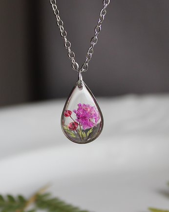 Srebrny wisiorek kwiat łezka łezka żywica różowa, OKAZJE - Prezenty na 18 dla koleżanki
