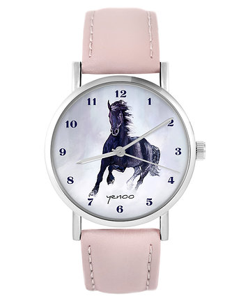 Zegarek - Czarny koń, cyfry -  pudrowy lila, OSOBY - Prezent dla niego