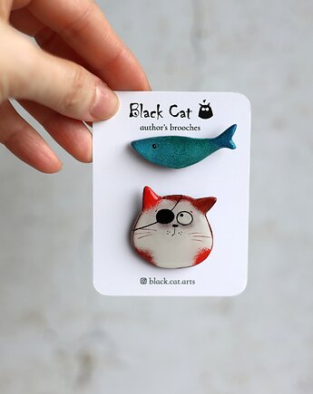 Komplet broszek Kot pirat + ryba. Ręcznie malowane, Black Cat