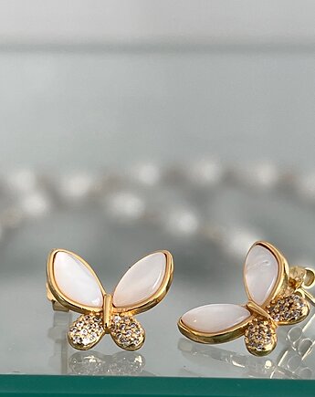 Kolczyki w formie motylków z masą perłową i cyrkoniami, srebrne, pozłacane, Ade Art