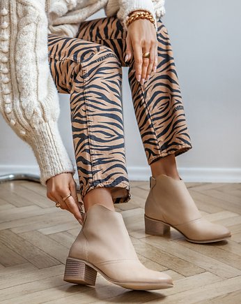 BOTKI KWOBOJKI NA 5 CM KLOCKU - SKÓRA NATURALNA - MODEL 483 - KOLOR BEŻOWY, Zapato