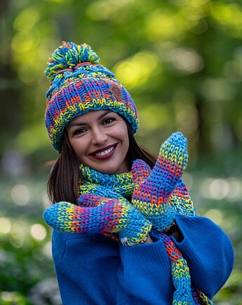 Czapka MERINO 50% ,,Tęcza błękit EUFORIA, Brain Inside