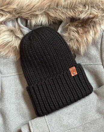 Gruba wełniana czapka oversize z wywinięciem - czarna, Kocie Motki