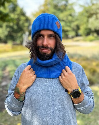 Męska bawełniana czapka beanie logo ekoskórka Niebieski Kobalt, Brain Inside