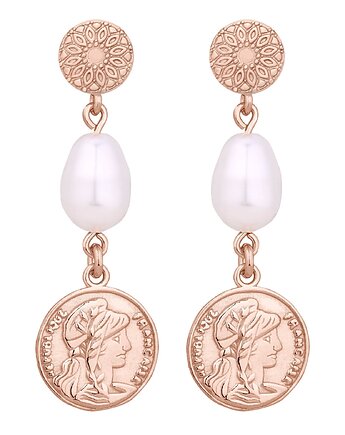 Długie kolczyki z różowego złota z monetami i perłami SWAROVSKI CRYSTAL, SOTHO
