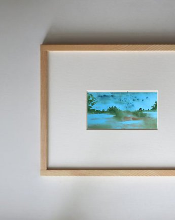 Akwarela Pejzaż traw oryginalny obraz niebieski papier 10,5x22 cm, Kwitnace