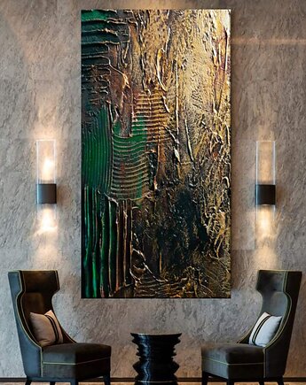 Obraz abstrakcja  80x160cm w kolorach złoto miedż i szmaragd, art and texture