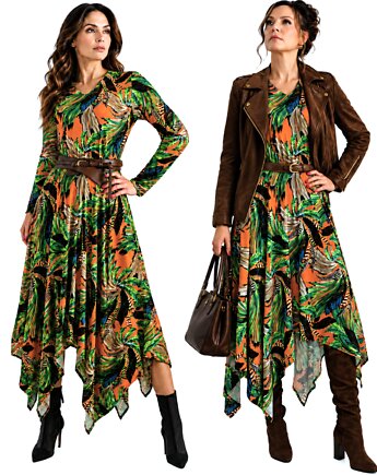 Asymetryczna sukienka z wiskozy w kolorowe liście pióra, MM FASHION