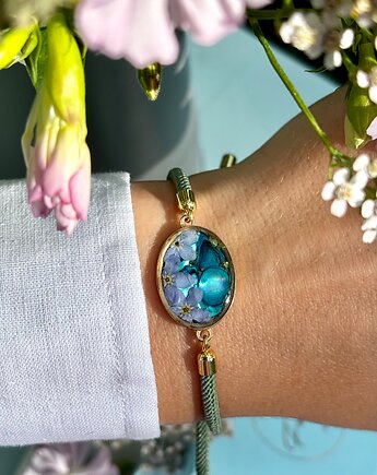 Bransoletka z niezapominajkami, biżuteria z prawdziwymi kwiatami na prezent, Frant Art Jewellery