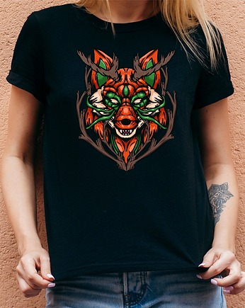 Koszulka damska czarna z nadrukiem Fox head, ART ORGANIC