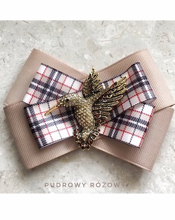 Beżowa w kratę Brosza  z Pudrowym Koliberkiem NEW, Pudrowy Różowy