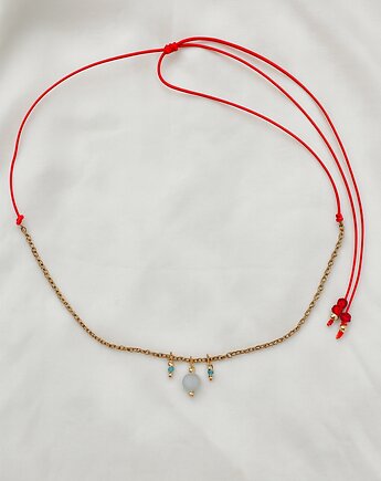 Naszyjnik czerwony sznurek z akwamarynem, lulukalina