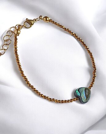 Bransoletka z serduszkiem : muszla PAUA, hematyt złoty, kaktusia