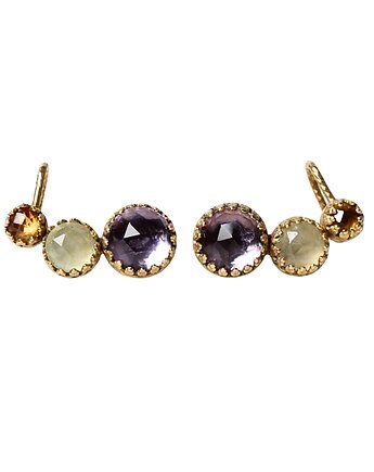 Złote kolczyki nausznice z ametystem, prehnitem i cytrynem, Blooming Stones