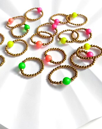 Pierścionek :GREEN : Swarovski neon pearls : gold, kaktusia