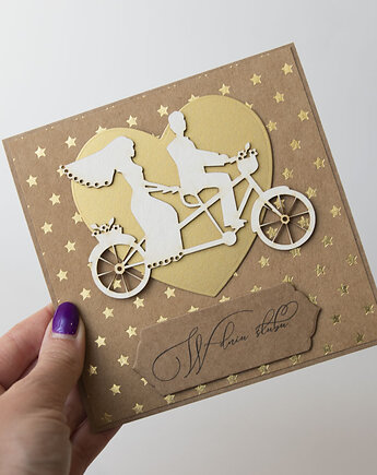 Kartka ślubna z parą młodą na rowerze, Papiernik