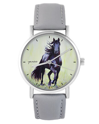 Zegarek - Czarny koń malowany - skóra, szary, yenoo