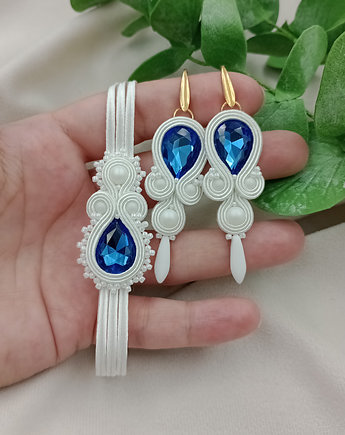 Ślubna biżuteria soutache biel i szafir, kryształowe dodatki, Soutacheria