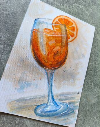 Włoska inspiracja Aperol Spritz drink obraz akwarela 15x21oprawiony, kkjustpaint Karolina Kamińska
