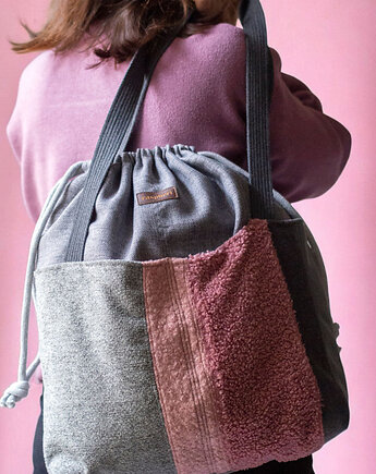 Duża szaro-różowa torba z kominem patchwork, raspberi
