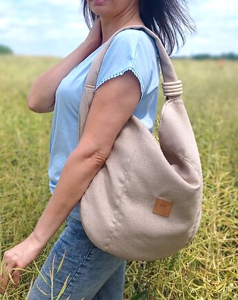 Duża torba worek na ramię z plecionki Beżowa, sabi tatka