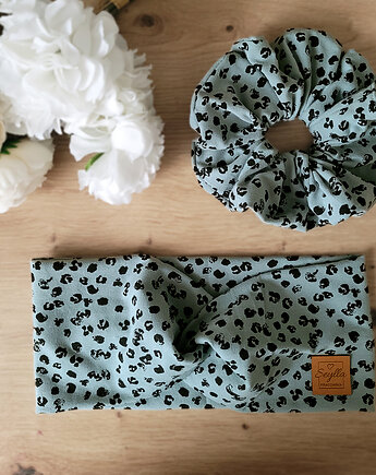 Komplet opaska + gumka scrunchie panterka niebieski przydymiony, Seylla pracownia