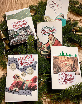 Zabawne, kolażowe kartki świąteczne Merry Christmas - zestaw 5 szt, SewNSpray