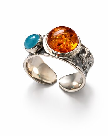 Pierścionek srebrny z bursztynem i agatem niebieskim, Points of View Anna Kamińska Zabiegaj