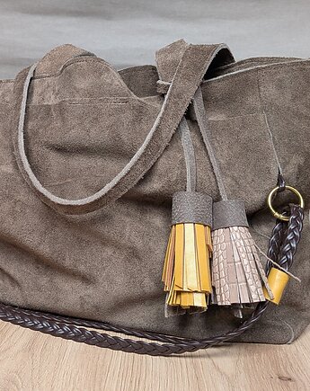 Brązowa  tabaczkowa  torebka z frędzlami, Łagoda