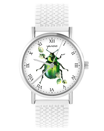 Zegarek - Zielony żuczek - silikonowy, biały, yenoo